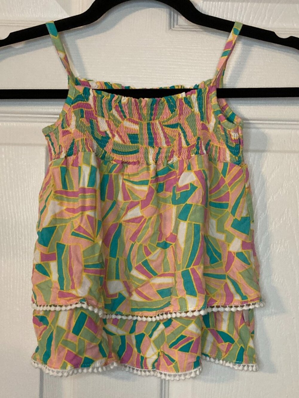 BCBGirls Kid's Mosaic Print Sleeveless Tiered Top - Pom Pom Trim - Size 3T